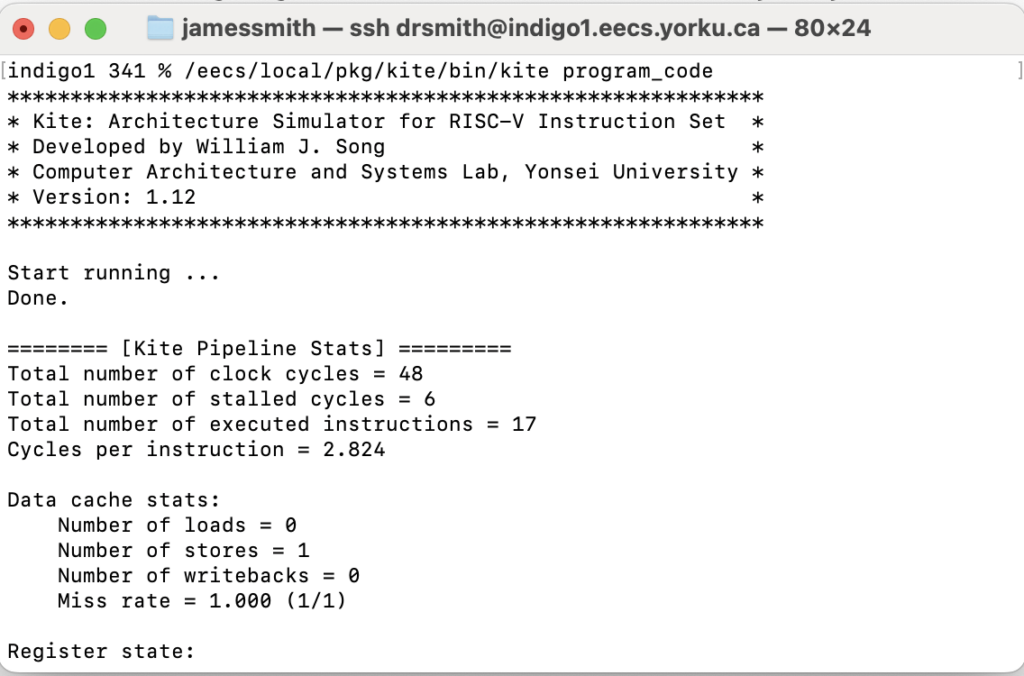 Running the assembler commands in program_code file on the kite simulator by directly calling the simulator from the folder that contains program_code, mem_state and reg_state.